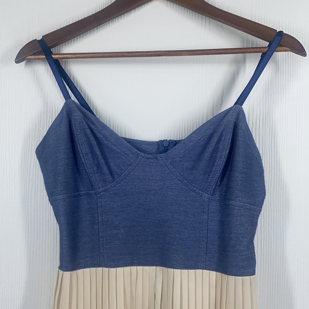 Pink Martini - Soft Chambray and Cream Pleated MIDI Dress Size Medium - Picture 3 of 11